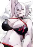  ahoge bikini black_bikini black_choker breasts choker cleavage collarbone fate/grand_order fate_(series) food_in_mouth gumi_(the_eye_of_darkness) hair_between_eyes highres jeanne_d&#039;arc_alter_(fate) jeanne_d&#039;arc_alter_(swimsuit_berserker)_(fate) large_breasts looking_at_viewer lying navel o-ring o-ring_bikini o-ring_bottom o-ring_top on_back pillow popsicle_in_mouth popsicle_stick short_hair sweat swimsuit toned upper_body white_hair yellow_eyes 