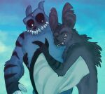  2014 activision anthro bat_wings battler_(crash_bandicoot) biped black_nose black_sclera blue_body blue_fur claws crash_bandicoot_(series) dark_body dark_fur duo embrace eyes_closed fangs fur glowing glowing_eyes half-length_portrait hug male male/male membrane_(anatomy) membranous_wings portrait ratcicle shaiger striped_body striped_fur stripes teeth titan_(crash_bandicoot) white_eyes wings 