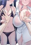  2girls absurdres bikini black_bikini black_hair blue_archive breasts eo_masaka grabbing grabbing_another&#039;s_breast hanako_(blue_archive) hanako_(swimsuit)_(blue_archive) highres huge_breasts jewelry large_breasts long_hair multiple_girls navel necklace out_of_frame pink_bikini pink_hair shirt small_breasts smile sweat swimsuit thighs ui_(blue_archive) ui_(swimsuit)_(blue_archive) white_shirt 
