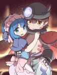  2boys blue_eyes blue_hair brown_hair cape child commentary_request dark-skinned_male dark_skin facial_mark hand_around_waist helmet highres horns looking_at_viewer made_in_abyss maid maid_headdress male_focus maruruk mechanical_arms mino_ido1024 multiple_boys navel open_mouth otoko_no_ko regu_(made_in_abyss) short_hair short_sleeves simple_background tears yellow_eyes 