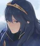  1girl blue_background blue_eyes blue_hair blue_scarf emblem fire_emblem fire_emblem_awakening frown hair_between_eyes long_hair looking_at_viewer lucina_(fire_emblem) pomelomelon portrait scarf solo sweater symbol-shaped_pupils tiara 