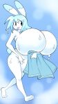  angstrom anthro big_breasts blep blue_hair breasts dipstick_ears featureless_breasts female hair hand_over_crotch hi_res holding_object holding_towel huge_breasts hyper hyper_breasts lagomorph leporid mammal molly_(angstrom) multicolored_ears nude rabbit solo tongue tongue_out towel white_body 
