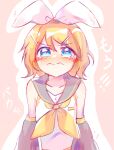  1girl anger_vein angry bare_shoulders blonde_hair blue_eyes blush bow crying crying_with_eyes_open detached_sleeves flat_chest hair_bow hair_ornament hairclip highres kagamine_rin looking_at_viewer sailor_collar shirt short_hair sleeveless sleeveless_shirt solo tabeilu tearing_up tears vocaloid wavy_eyes wavy_mouth white_bow 