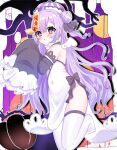  1girl ahoge alternate_costume azur_lane bare_shoulders black_ribbon blush covered_navel detached_sleeves dress frilled_sleeves frills hair_bun hair_ribbon hands_up hat highres jiangshi long_hair looking_at_viewer miko_kichi ofuda parted_lips pelvic_curtain purple_eyes purple_hair purple_headwear qing_guanmao ribbon sidelocks single_hair_bun sleeves_past_fingers sleeves_past_wrists solo thighhighs unicorn_(azur_lane) white_dress white_thighhighs 