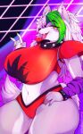  absurd_res animatronic anthro big_breasts breasts canid canine canis clothed clothing collar digital_media_(artwork) ear_piercing female five_nights_at_freddy&#039;s five_nights_at_freddy&#039;s:_security_breach fur hair hi_res l3landbunny looking_at_viewer machine mammal multicolored_hair piercing robot roxanne_wolf_(fnaf) scottgames simple_background solo steel_wool_studios two_tone_hair wolf 