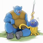  2023 anthro barely_visible_genitalia barely_visible_penis belly big_belly blue_body dragon_quest duo genitals goo_creature kemono male mammal meguru_salmon orc_(dragon_quest) orc_king_(dragon_quest) overweight overweight_male penis sitting square_enix suid suina sus_(pig) tentacles weapon wild_boar 