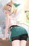  1girl ass bike_shorts blonde_hair blush chest_sarashi commentary_request covering covering_breasts from_behind green_eyes highres hololive kazama_iroha pleated_skirt ponytail sarashi shorts shorts_under_skirt sink skirt tonton_utaro topless towel virtual_youtuber 