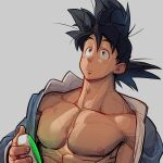  1boy bare_pectorals black_hair closed_mouth collarbone dragon_ball dragon_ball_z dragon_radar hair_between_eyes highres holding looking_up male_focus medium_hair muscular muscular_male nipples open_clothes pectorals simple_background solo son_goku spiked_hair supobi 