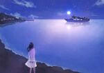  1girl arms_behind_back beach black_hair building dress full_moon harucoro25 highres long_hair moon mountain night ocean original sand scenery ship sky solo star_(sky) starry_sky water watercraft white_dress 