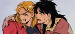  2boys black_eyes black_hair black_shirt blonde_hair bomber_jacket brown_jacket closed_eyes commentary_request fingernails grey_background hand_on_another&#039;s_shoulder inudori itou_kaiji jacket kaiji kitami_(kaiji) long_hair looking_at_another looking_to_the_side lower_teeth_only male_focus medium_bangs multiple_boys open_mouth parted_bangs shirt simple_background smile teeth upper_body wavy_eyes 