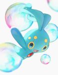  :d aqua_eyes blurry bubble commentary full_body horezai manaphy no_humans open_mouth pokemon pokemon_(creature) smile solo tongue white_background 