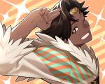  1boy brown_eyes brown_hair circlet dark-skinned_male dark_skin feather_trim fire_emblem fire_emblem_engage fogado_(fire_emblem) grin homa_kura looking_at_viewer male_focus one_eye_closed simple_background smile solo sparkle sparkling_eyes 