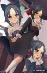  1girl animal_ears bangs black_dress black_hair blush breasts cat_ears dress fake_animal_ears feet_out_of_frame folded_ponytail highres indoors kaguya-sama_wa_kokurasetai_~tensai-tachi_no_renai_zunousen~ kamaniki medium_dress multiple_views nose_blush open_mouth parted_bangs red_eyes red_ribbon ribbon school_uniform shinomiya_kaguya shuuchiin_academy_school_uniform small_breasts socks tareme white_socks 