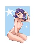  1girl breasts collarbone completely_nude highres javehorny navel nipples nude original purple_hair short_hair simple_background small_breasts solo star_(symbol) thighs 