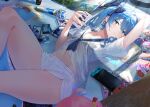  1girl blue_eyes blue_hair blue_nails cellphone holding holding_phone hololive hoshimachi_suisei kinoko_(shikimylove) looking_at_viewer lying microphone navel on_back phone shirt side_ponytail smartphone solo stomach thighs virtual_youtuber white_shirt 