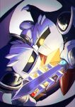  2boys absurdres cape cola_cola00 commentary_request dark_meta_knight eye_contact glowing glowing_sword glowing_weapon highres holding holding_sword holding_weapon kirby_(series) looking_at_another male_focus mask meta_knight multiple_boys red_footwear sword weapon wings yellow_eyes 
