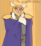  4_fingers absurd_res anthro asgore_dreemurr balls blonde_hair bottomless bovid cape cape_only caprine clothed clothing embarrassed erection erection_under_clothing fingers flustered fur genitals goat hair hi_res hiding hiding_erection horn male mammal mostly_nude partially_clothed slightly_chubby solo the_mist_walker topless undertale_(series) white_body white_fur 