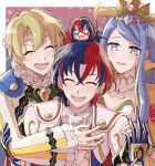  2boys 2girls :d alear_(female)_(fire_emblem) alear_(fire_emblem) alear_(male)_(fire_emblem) alfred_(fire_emblem) blonde_hair blue_eyes blue_hair circlet closed_eyes fire_emblem fire_emblem_engage frilled_sleeves frills gloves hair_between_eyes hair_ornament heterochromia highres long_hair lumera_(fire_emblem) multiple_boys multiple_girls open_mouth red_eyes red_hair s1wa_3 shirt short_hair smile teeth tiara upper_teeth_only 