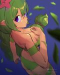  1girl absurdres armlet ass bare_shoulders bikini braid braided_ponytail breasts cleavage commentary dark-skinned_female dark_skin dryad_(terraria) english_commentary flower from_behind green_bikini green_hair hair_flower hair_ornament highres large_breasts leaf_clothing long_hair looking_back pointy_ears purple_background purple_eyes solo swimsuit terraria very_long_hair yerboidan1 