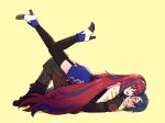  1boy 1girl alcryst_(fire_emblem) alear_(female)_(divine_attire)_(fire_emblem) alear_(female)_(fire_emblem) alear_(fire_emblem) blue_eyes blue_hair blush fire_emblem fire_emblem_engage hair_ornament hairclip heterochromia hug long_hair multicolored_hair open_mouth red_eyes red_hair shiseptiana short_hair simple_background smile split-color_hair thighhighs tiara two-tone_hair very_long_hair yellow_background 