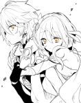  1boy 1girl aether_(genshin_impact) brother_and_sister closed_mouth dress earrings flower genshin_impact gloves greyscale hair_flower hair_ornament hug hug_from_behind jewelry looking_at_another looking_down lumine_(genshin_impact) monochrome scarf short_hair_with_long_locks siblings spot_color twins upper_body yae_(yae_ringo) yellow_eyes yellow_theme 