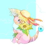  awaawa_22 character_name clothed_pokemon dated english_text flaaffy flower hat highres holding holding_flower no_humans pokemon pokemon_(creature) simple_background sitting solo straw_hat sunflower 