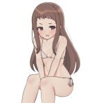  1girl aa211108 arms_between_legs bikini blush breasts brown_hair collarbone feet_out_of_frame idolmaster idolmaster_cinderella_girls invisible_chair koseki_reina long_hair looking_at_viewer side-tie_bikini_bottom simple_background sitting small_breasts solo swimsuit very_long_hair white_background white_bikini 