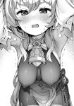  1girl armpits arms_up bell blush breasts chinese_knot covered_nipples detached_sleeves flower_knot ganyu_(genshin_impact) genshin_impact greyscale halterneck hanging_breasts large_breasts long_hair looking_at_viewer monochrome neck_bell open_mouth paid_reward_available pantyhose see-through sideboob sidelocks skindentation solo tatsuya_(s6pillars) thighs trembling vision_(genshin_impact) waist_cape 