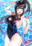  1girl :d absurdres armpits bare_arms black_hair black_one-piece_swimsuit blue_eyes blush breasts competition_swimsuit crossed_bangs goggles goggles_on_head hair_between_eyes hair_ornament hairclip highres kaerunoashi large_breasts long_hair looking_at_viewer one-piece_swimsuit open_mouth original ponytail pool pool_ladder sideboob sidelocks smile solo standing swimsuit taut_clothes taut_swimsuit very_long_hair 