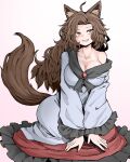 1girl ahoge animal_ears breasts brown_hair cleavage commentary_request dress fang fe_(tetsu) frilled_dress frilled_sleeves frills gradient_background highres imaizumi_kagerou large_breasts long_hair long_sleeves open_mouth red_eyes smile solo tail touhou white_dress wide_sleeves wolf_ears wolf_tail 
