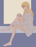  1other androgynous barefoot blonde_hair brown_eyes crystal_earrings earrings full_body highres hunter_x_hunter jewelry kurapika leg_up long_hair long_sleeves mtmgmaru multicolored_background shirt sitting sleeves_past_wrists solo white_shirt 