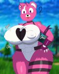  absurd_res anthro bear big_breasts breasts clothed clothing cuddle_team_leader digital_media_(artwork) epic_games female fortnite fur hi_res huge_breasts mammal nipples nitrozo pink_body pink_fur smile solo thick_thighs tight_fit tongue wide_hips 