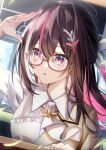  1girl :o absurdres ascot azki_(4th_costume)_(hololive) azki_(hololive) black_hair brown_jacket collared_dress commentary dress glasses hair_between_eyes hair_intakes hair_ornament hairclip highres hololive jacket long_hair looking_to_the_side multicolored_hair official_alternate_costume official_alternate_hairstyle open_mouth pink_hair purple_eyes semi-rimless_eyewear shading_eyes solo streaked_hair tsukasa_tsubasa under-rim_eyewear upper_body virtual_youtuber white_ascot white_dress white_hair 