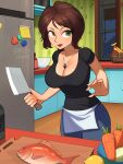  1girl apron banana barleyshake basket big_hero_6 black_shirt blue_pants bottle bowl breasts brown_hair carrot cass_hamada cleavage english_text fish food fruit garlic green_eyes heart highres holding holding_knife indoors knife lemon looking_at_viewer pants red_lips shirt short_hair short_sleeves solo white_apron window 