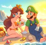  barefoot beach blue_eyes blue_overalls blue_sky blush brown_hair crown drinking_straw earrings eyelashes facial_hair flower_earrings food gloves green_headwear green_shirt hat holding holding_food holding_ice_cream ice_cream jewelry long_hair luichemax luigi mario_(series) mustache open_mouth overalls princess_daisy seashell shell shirt sky super_star_(mario) swimsuit white_gloves 