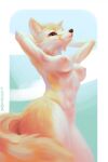 2023 abstract_background amber_eyes anthro artist_name black_nose breasts canid canine cheek_tuft digital_media_(artwork) facial_tuft female fennec fluffy fluffy_tail fox fur hairless hand_behind_head hi_res looking_at_viewer mammal multicolored_body multicolored_fur nipples nude pink_nipples raised_arm riki_(sadnicole) sadnicole solo standing tail tan_body tan_fur tuft two_tone_body two_tone_fur white_body white_fur 