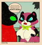  angry anthro big_breasts breasts canid canine cape cape_only cartoon_network clothing comic_panel confusion demi-pig_(artist) domestic_cat duo felid feline felis female hi_res holding_breast huge_breasts male mammal mao_mao:_heroes_of_pure_heart mostly_nude my_eyes_are_up_here on_model raccoon_dog sheriff_mao_mao_mao simple_background speech_bubble tanuki tanya_keys 