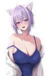  1girl ahoge animal_ear_fluff animal_ears blue_camisole blush breasts camisole cat_ears cat_girl cleavage fang hair_between_eyes haro_art highres hololive large_breasts looking_at_viewer nekomata_okayu off_shoulder open_mouth purple_eyes purple_hair shirt short_hair simple_background solo strap_slip virtual_youtuber white_background white_shirt 