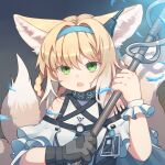  1girl animal_ears arknights bare_shoulders black_collar black_gloves blonde_hair blue_hairband braid braided_hair_rings chinese_commentary collar colored_tips commentary earpiece fox_ears fox_girl fox_tail frilled_sleeves frills gloves green_eyes hairband highres holding holding_staff infection_monitor_(arknights) looking_at_viewer luchiluchi multicolored_hair open_mouth oripathy_lesion_(arknights) short_hair short_sleeves single_glove single_wrist_cuff solo staff suzuran_(arknights) tail twin_braids upper_body white_hair wrist_cuffs 