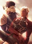  2boys archer_(fate) armor blood blood_on_clothes blood_on_face blood_on_hands blue_hair carrying carrying_person closed_mouth coat cu_chulainn_(fate) earrings english_commentary fate/stay_night fate_(series) gravesecrets hand_on_another&#039;s_head highres jewelry large_pectorals leather_armor long_hair male_focus multiple_boys parted_lips pectorals ponytail red_coat red_eyes short_hair shoulder_armor sidelighting tassel white_hair 