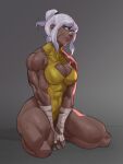  1girl abs bandaged_arm bandages blue_eyes cleavage_cutout clothing_cutout dark_skin dlusional hair_bun heterochromia highres kneeling leotard looking_to_the_side muscular muscular_female original pink_lips scar scar_on_cheek scar_on_face solo thick_thighs thighs white_hair yellow_eyes 