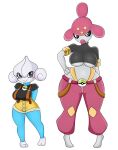  anthro armwear big_breasts black_clothing black_eyes black_shirt black_topwear blue_body bottomwear breasts clothing duo eyelashes female generation_3_pokemon grey_body hi_res lips medicham meditite nintendo overalls pants pink_bottomwear pink_clothing pink_pants pokeball pokemon pokemon_(species) red_lips shirt shorts simple_background smile topwear urusee584 white_background yellow_bottomwear yellow_clothing yellow_shorts 