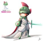  1other blunt_bangs blush cape character_name commentary endifi english_commentary gloves green_hair hair_over_eyes helmet highres holding holding_shield holding_sword holding_weapon humanization pants pokemon ralts red_eyes shield simple_background solo standing sword weapon white_background white_cape white_gloves white_pants 