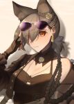  1girl absurdres animal_ears arknights black_gloves breasts cleavage commentary drop_shadow fingerless_gloves gloves grey_hair hand_up highres long_hair looking_at_viewer njnywy off_shoulder penance_(arknights) single_bare_shoulder solo upper_body wolf_ears yellow_eyes 