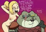  amphibia_(series) amphibian anthro armor blonde_hair breasts captain_grime clothed clothed/nude clothed_male_nude_female clothing dialogue disney duo female frog gradient_background hair hi_res human human_on_anthro interspecies long_hair male male/female mammal meme no_way_fag nude ponytail propositioning pubes sasha_waybright simple_background terrible_the_drawfag toad_(frog) 