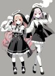  2girls :p black_dress black_footwear black_skirt breasts brown_hair commentary_request copyright_request crescent dress frilled_skirt frills grey_background halo kamippoina_(vocaloid) long_sleeves medium_breasts momoshiki_tsubaki multiple_girls nun official_art pale_skin pink_hair red_eyes shirt shoes simple_background skirt sleeves_past_wrists thighhighs tongue tongue_out veil virtual_youtuber white_shirt white_thighhighs wide_sleeves 