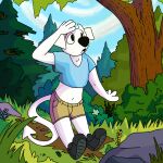  1:1 2020 adam&#039;s_apple anthro black_clothing black_footwear black_nose black_shoes blue_crop_top blue_sky bluekyokitty bottomwear canid canine canis cel_shading clothed clothing cloud crop_top demon detailed_background digital_drawing_(artwork) digital_media_(artwork) domestic_dog eyebrows floppy_ears flower footwear forest full-length_portrait fur grass hi_res horn humanoid_hands male mammal midriff monotone_body monotone_fur navel open_mouth plant portrait rock sebastian_(sebdoggo) sebdoggo shaded shirt shorts shrub sky solo spade_tail tail tan_bottomwear tan_clothing tan_shorts tongue topwear trans_(lore) trans_man_(lore) tree white_body white_fur white_horn white_tongue 