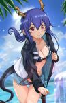  1girl arknights beach bikini blue_hair blue_sky blush ch&#039;en_(arknights) ch&#039;en_the_holungday_(arknights) highres horns jacket leaf long_hair looking_at_viewer navel ocean purple_eyes shinomiyabi short_shorts shorts sky solo sun swimsuit tail 