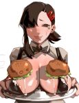  1girl absurdres areola_slip black_bow black_bowtie bow bowtie breasts breasts_on_tray brown_hair burger chainsaw_man crying crying_with_eyes_open family_burger_(chainsaw_man) food food_on_body food_on_breasts hair_ornament hairclip higashiyama_kobeni highres holding holding_tray large_breasts looking_at_viewer maggoo mole mole_under_mouth short_hair short_ponytail simple_background single_sidelock solo tears tray white_background 
