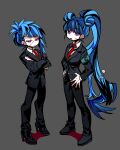 2girls black_footwear black_jacket black_pants blue_hair closed_mouth collared_shirt commentary_request crossed_arms double_bun employee_(lobotomy_corporation) full_body grey_background hair_bun hands_on_own_hips high_heels highres jacket lobotomy_corporation long_sleeves multiple_girls necktie open_mouth pants ponytail project_moon purple_eyes red_necktie scar scar_on_cheek scar_on_face scar_on_mouth shirt shot_(urem) simple_background single_sidelock suit white_shirt 